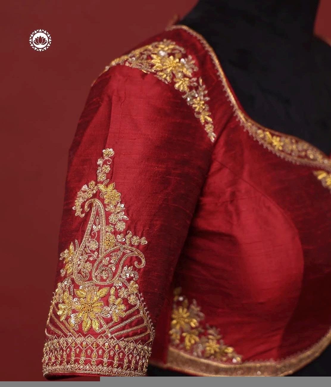 pure silk hand embroidery blouse/saree maggam blouse/maroon red raw silk zardosi blouse/hand embroidered blouse/ready made blouse zardosi/