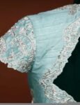 pure silk hand embroidery blouse /maggam blouse/blue raw silk zardosi blouse/hand embroidered blouse/ice blue short sleeve ready made blouse