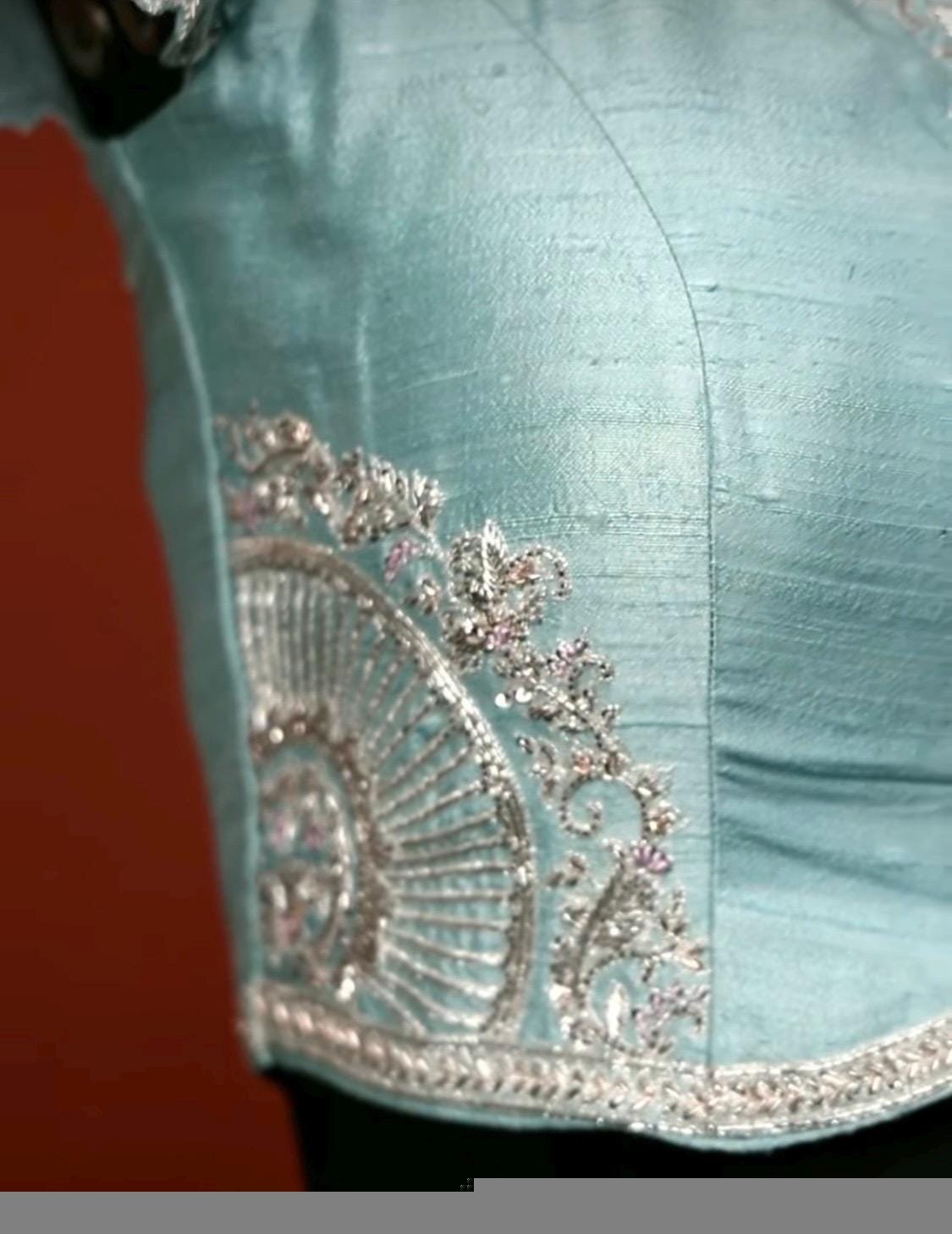 pure silk hand embroidery blouse /maggam blouse/blue raw silk zardosi blouse/hand embroidered blouse/ice blue short sleeve ready made blouse