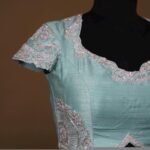 pure silk hand embroidery blouse /maggam blouse/blue raw silk zardosi blouse/hand embroidered blouse/ice blue short sleeve ready made blouse