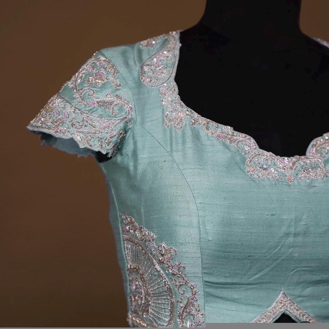 pure silk hand embroidery blouse /maggam blouse/blue raw silk zardosi blouse/hand embroidered blouse/ice blue short sleeve ready made blouse