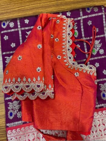 pure silk hand embroidery blouse/orange saree maggam blouse/raw silk zardosi blouse/hand embroidered blouse/ready made blouse/orange blouse