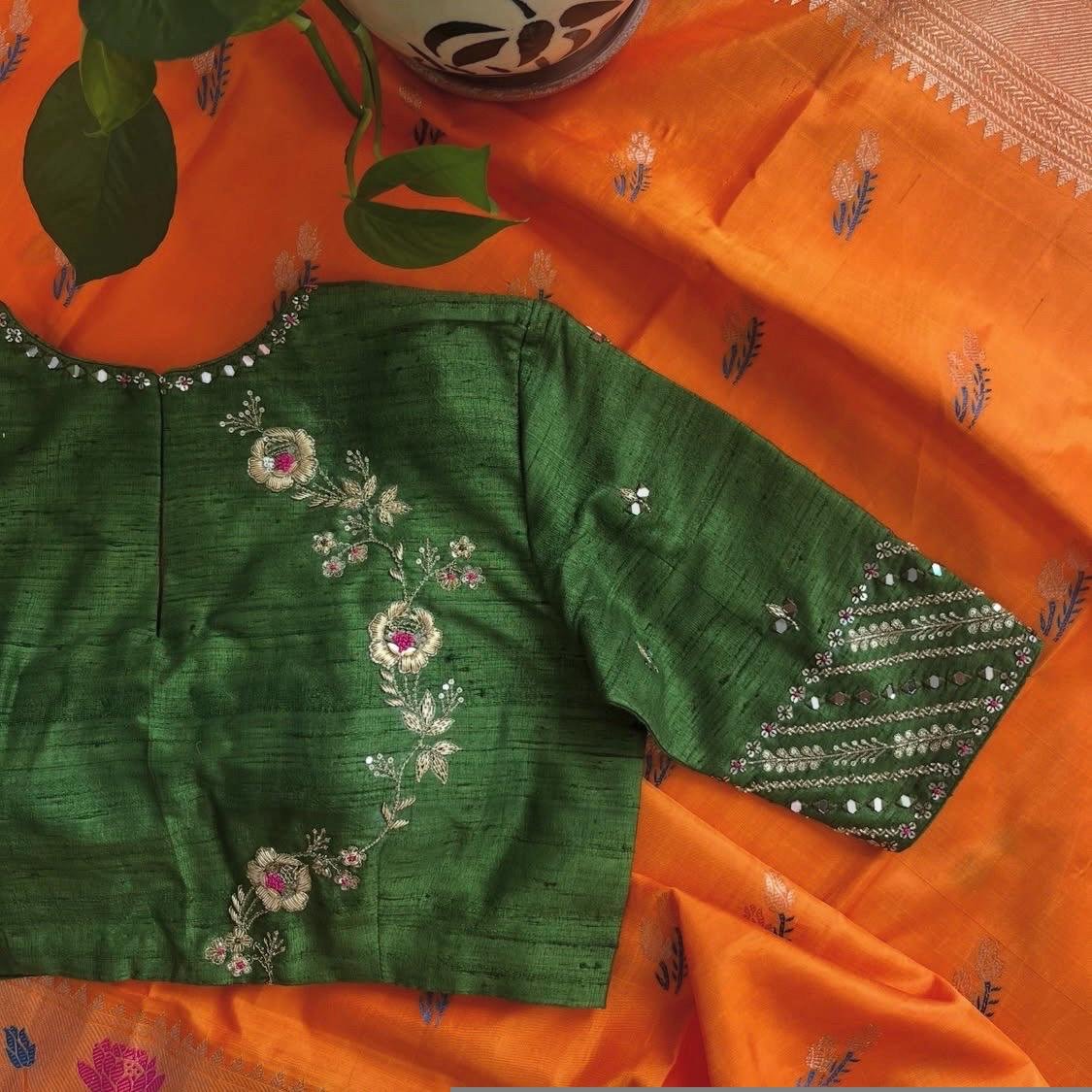 Hand Embroidered Zardosi Silk Blouse: Mehendi Green Maggam Work,dark green blouse,green blouse,mix and match blouse,plus size maggam blouse
