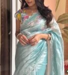 Pink tissue silk saree with hand embroidered blouse/blue saree with pink hand work blouse|sarees USA/peach pure silk scall saree with blouse