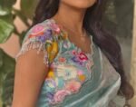 Pink tissue silk saree with hand embroidered blouse/blue saree with pink hand work blouse|sarees USA/peach pure silk scall saree with blouse