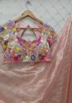 Pink tissue silk saree with hand embroidered blouse/blue saree with pink hand work blouse|sarees USA/peach pure silk scall saree with blouse