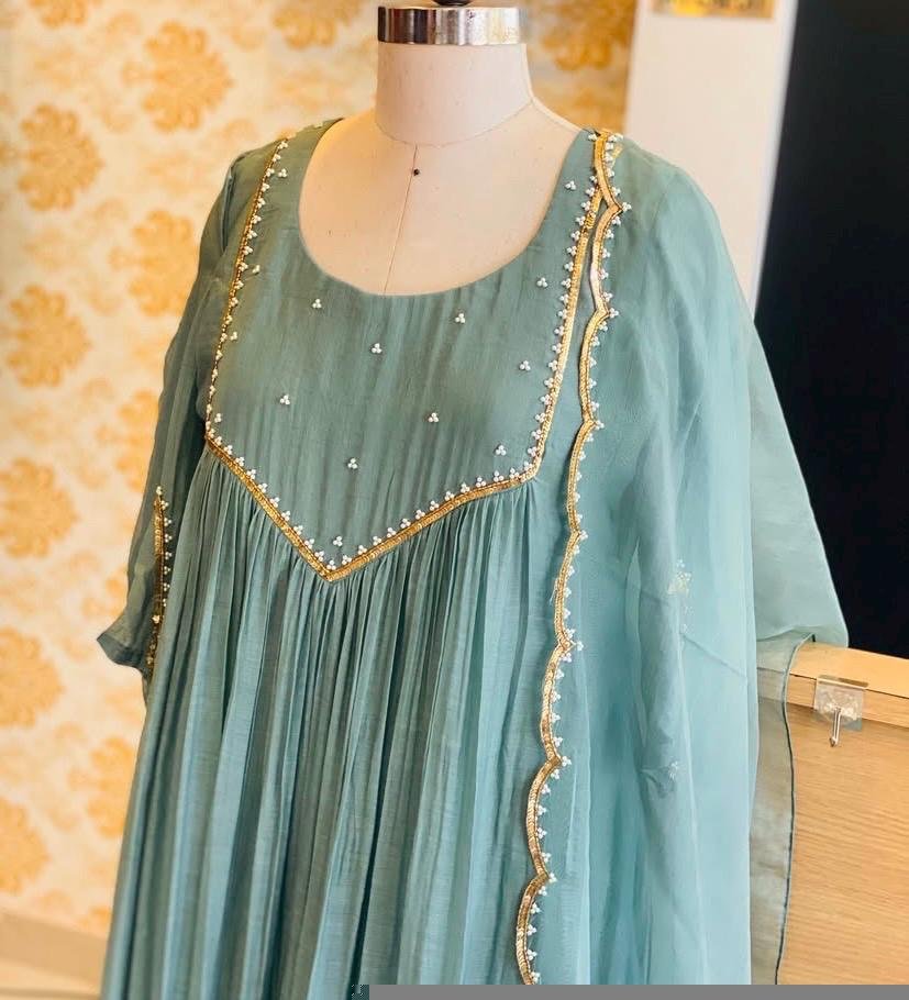 Hand Embroidered Anarkali Dress: Ice Blue Indian Suit with Dupatta, hand work kurta with dupatta/Indian kurta set,blue kurta set,indian kurt