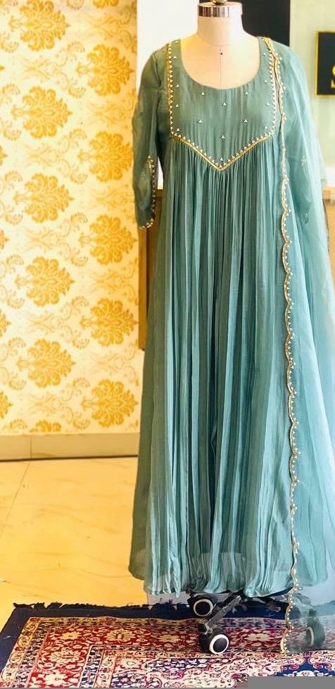 Hand Embroidered Anarkali Dress: Ice Blue Indian Suit with Dupatta, hand work kurta with dupatta/Indian kurta set,blue kurta set,indian kurt