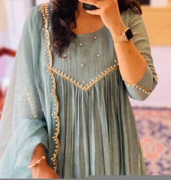 Hand Embroidered Anarkali Dress: Ice Blue Indian Suit with Dupatta, hand work kurta with dupatta/Indian kurta set,blue kurta set,indian kurt
