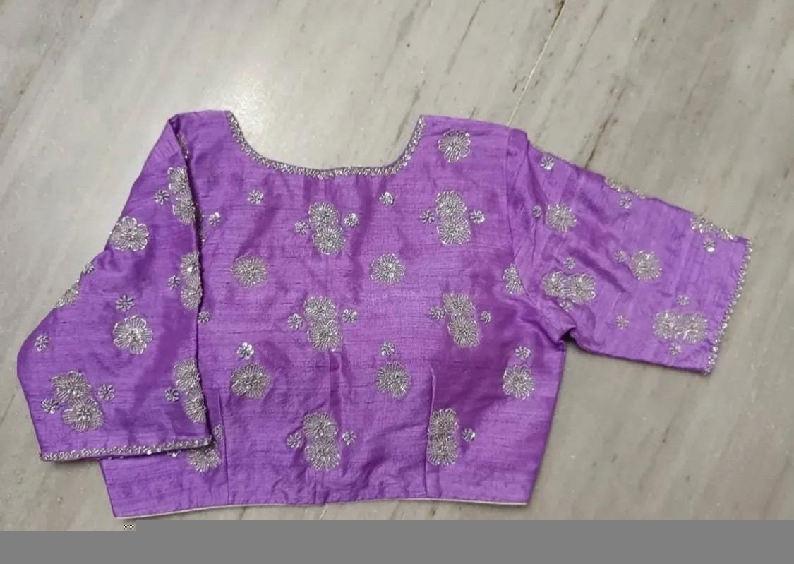 Lavender Hand Embroidered Silk Blouse: Zardosi Maggam Work, Elbow Sleeves,v neck blouse,mix and match blouse,plus size blouse,lavender blous