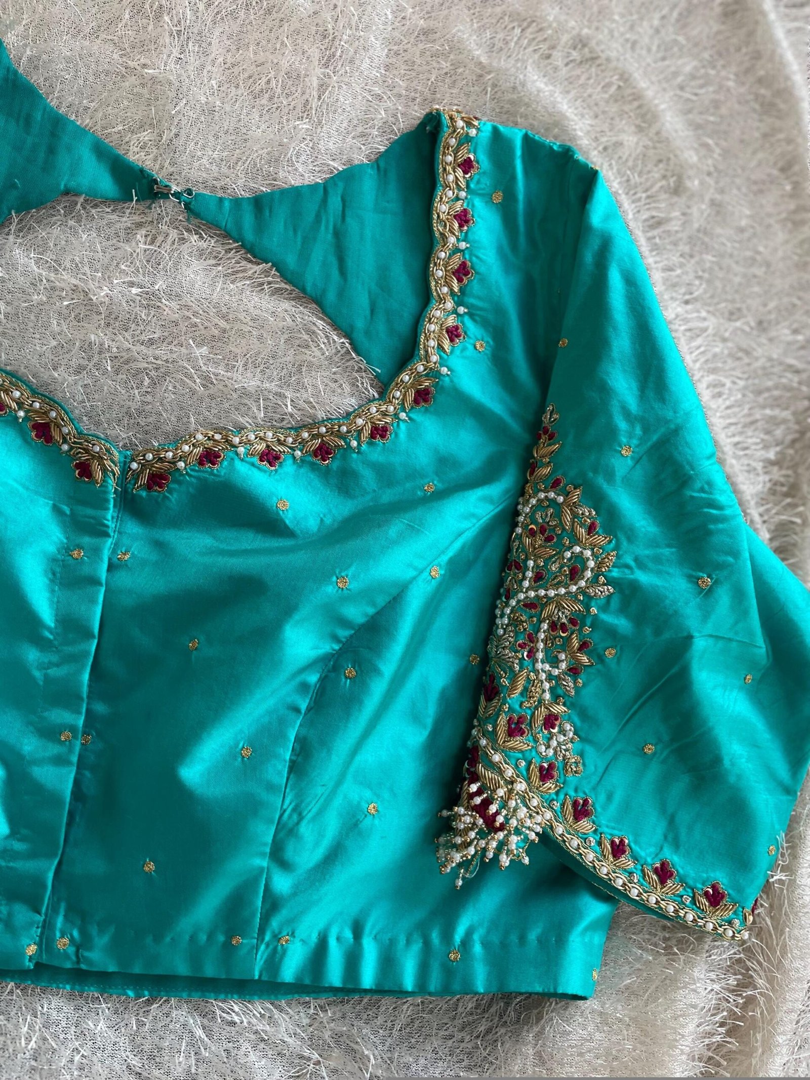 Hand Embroidered sea Blue Silk Blouse:Zardosi Maggam Work,sea green blouse,mix and match blouse,plus size blouses,sea blue hand work blouse
