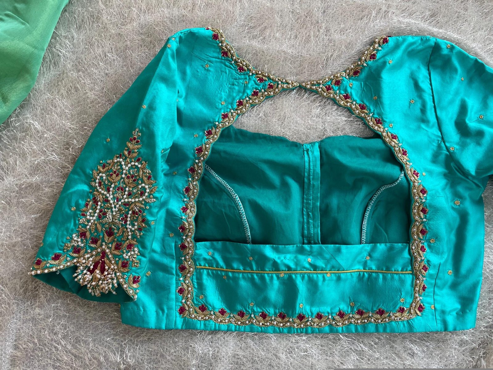 Hand Embroidered sea Blue Silk Blouse:Zardosi Maggam Work,sea green blouse,mix and match blouse,plus size blouses,sea blue hand work blouse