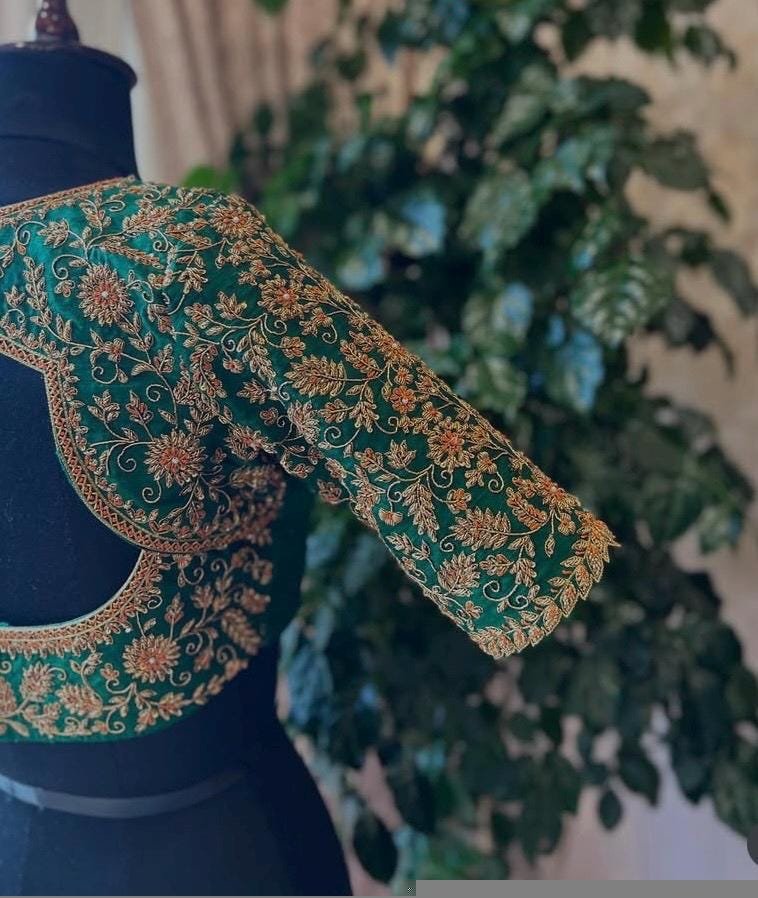 pure silk heavy hand embroidery blouse /bridal green maggam blouse/green zardosi blouse/hand embroidered blouse/green wedding ready blouse