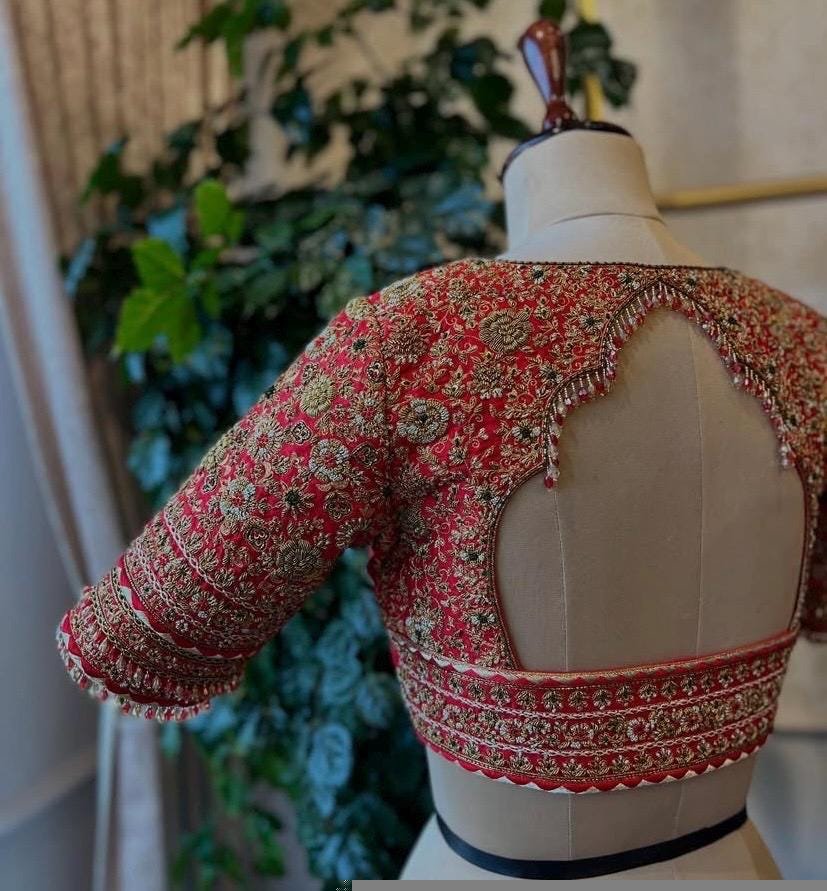 pure silk hand embroidery bridal blouse/ maggam blouse/red bridal zardosi blouse/red hand embroidered blouse/heavy embroidery wedding blouse