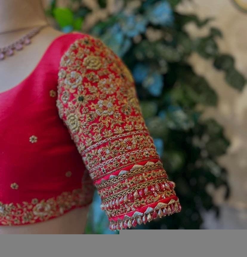 pure silk hand embroidery bridal blouse/ maggam blouse/red bridal zardosi blouse/red hand embroidered blouse/heavy embroidery wedding blouse