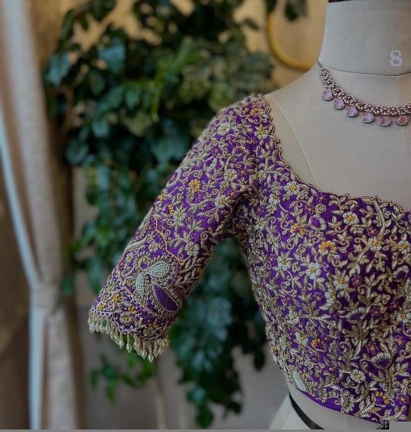 pure silk hand embroidery bridal blouse/ maggam blouse/purple bridal zardosi blouse/hand embroidered blouse/heavy embroidery wedding blouse