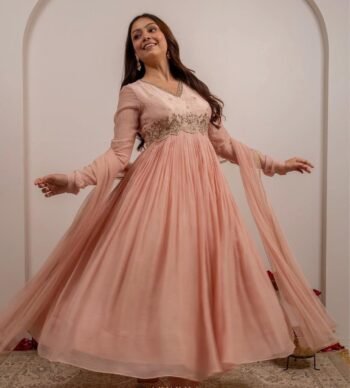Anarkali suit usa/pink anarkali kurta elbow sleeve/peach heavy anarkali/light peach anarkali/heavy hand embroidered anarkali with dupatta us