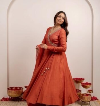 Hand embroidered orange Anarkali with dupatta/orange anarkali suit set/anarkali dupatta Indian dresses/chanderi anarkali dress dupatta