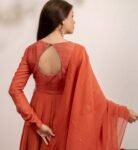 Hand embroidered orange Anarkali with dupatta/orange anarkali suit set/anarkali dupatta USA/Indian dresses/chanderi anarkali dress dupatta
