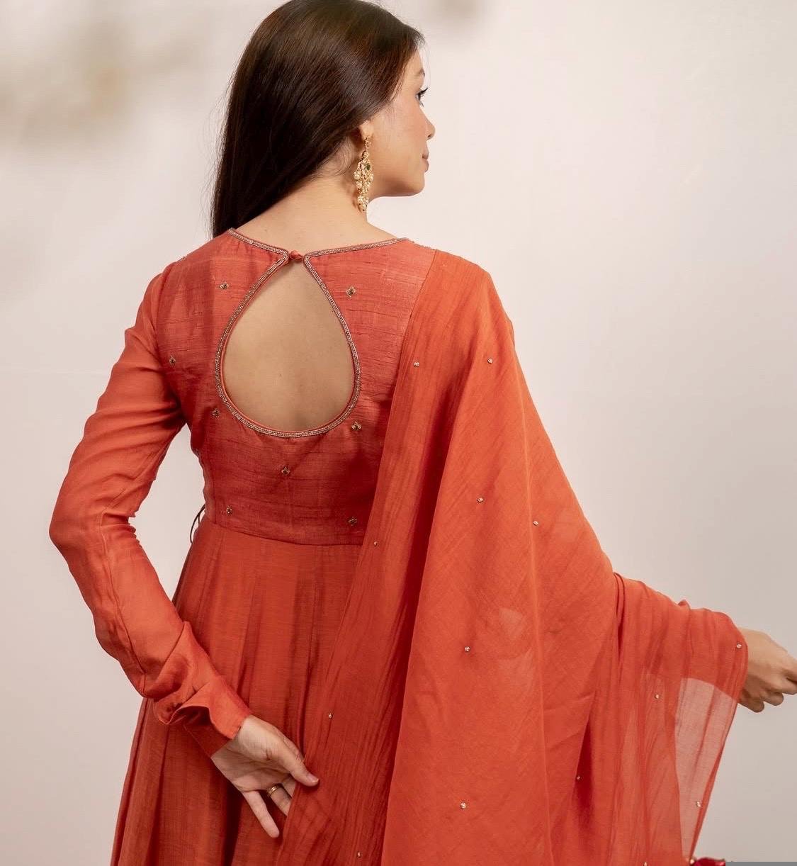 Hand embroidered orange Anarkali with dupatta/orange anarkali suit set/anarkali dupatta USA/Indian dresses/chanderi anarkali dress dupatta
