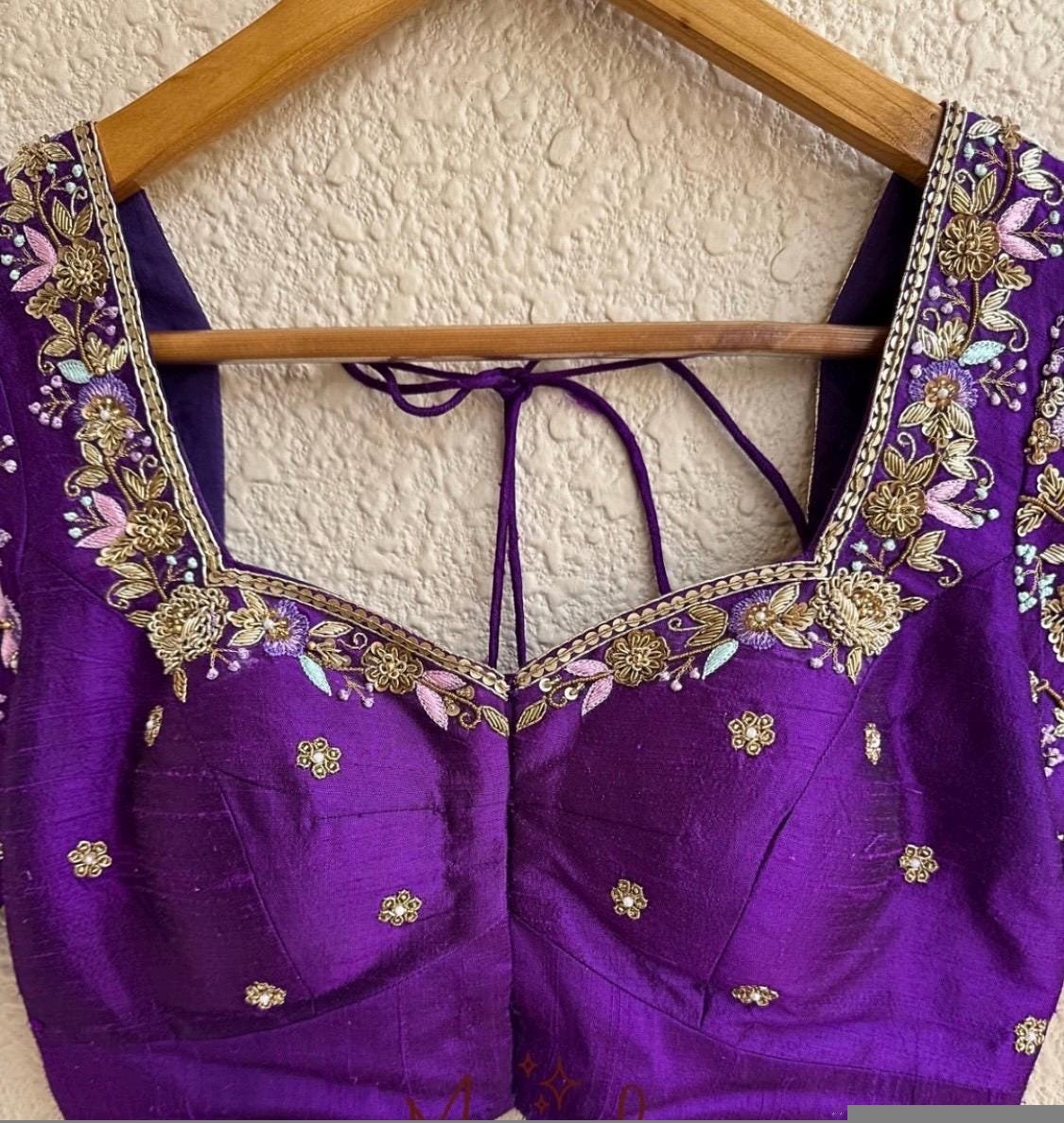 Hand Embroidered Purple Silk Blouse: Zardosi Maggam Work,purple saree blouse,handwork blouses, mix and match blouses,plus size blouses usa