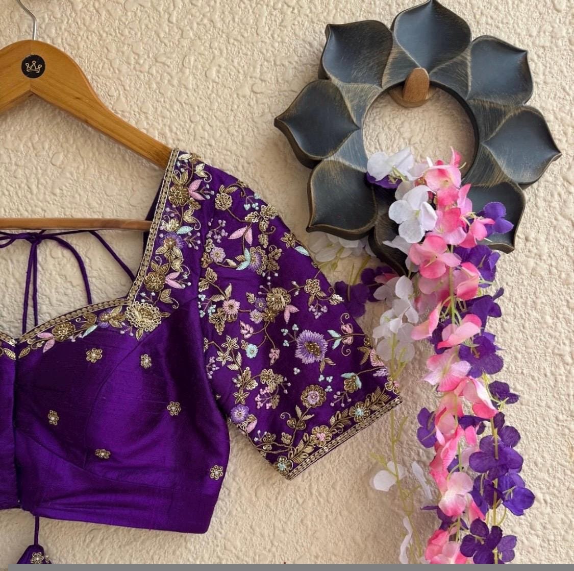 Hand Embroidered Purple Silk Blouse: Zardosi Maggam Work,purple saree blouse,handwork blouses, mix and match blouses,plus size blouses usa