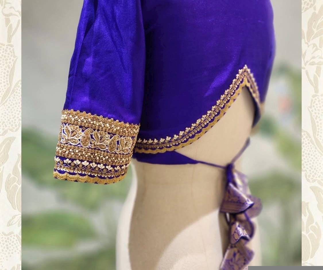 Hand Embroidered Purple Silk Blouse: Zardosi Maggam Work,purple saree blouse,handwork blouses, mix and match blouses,plus size blouses usa