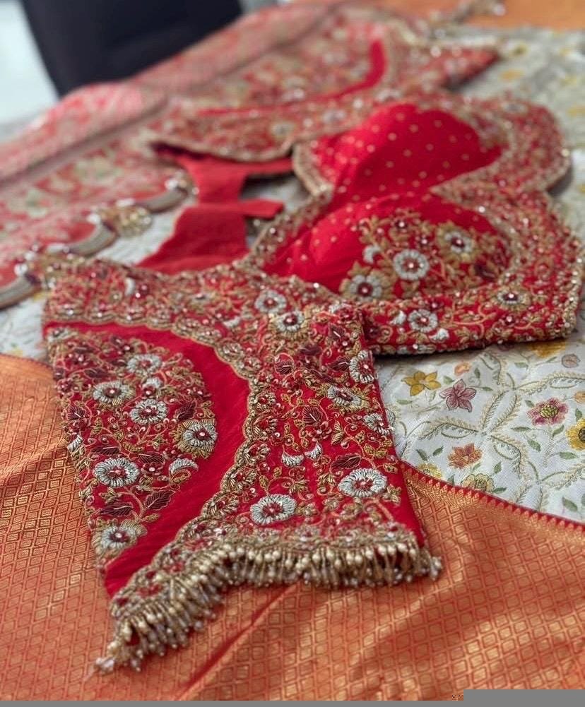 pure silk hand embroidery bridal blouse/ maggam blouse/red bridal zardosi blouse/red hand embroidered blouse/heavy embroidery wedding blouse