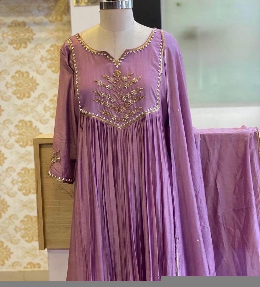 Hand Embroidered Anarkali Dress: Lavender Indian Suit with Dupatta, lavender anarkali dress,indian kurta with dupatta,handwork kurta set usa