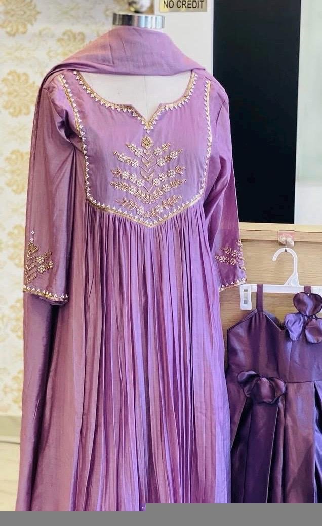 Hand Embroidered Anarkali Dress: Lavender Indian Suit with Dupatta, lavender anarkali dress,indian kurta with dupatta,handwork kurta set usa
