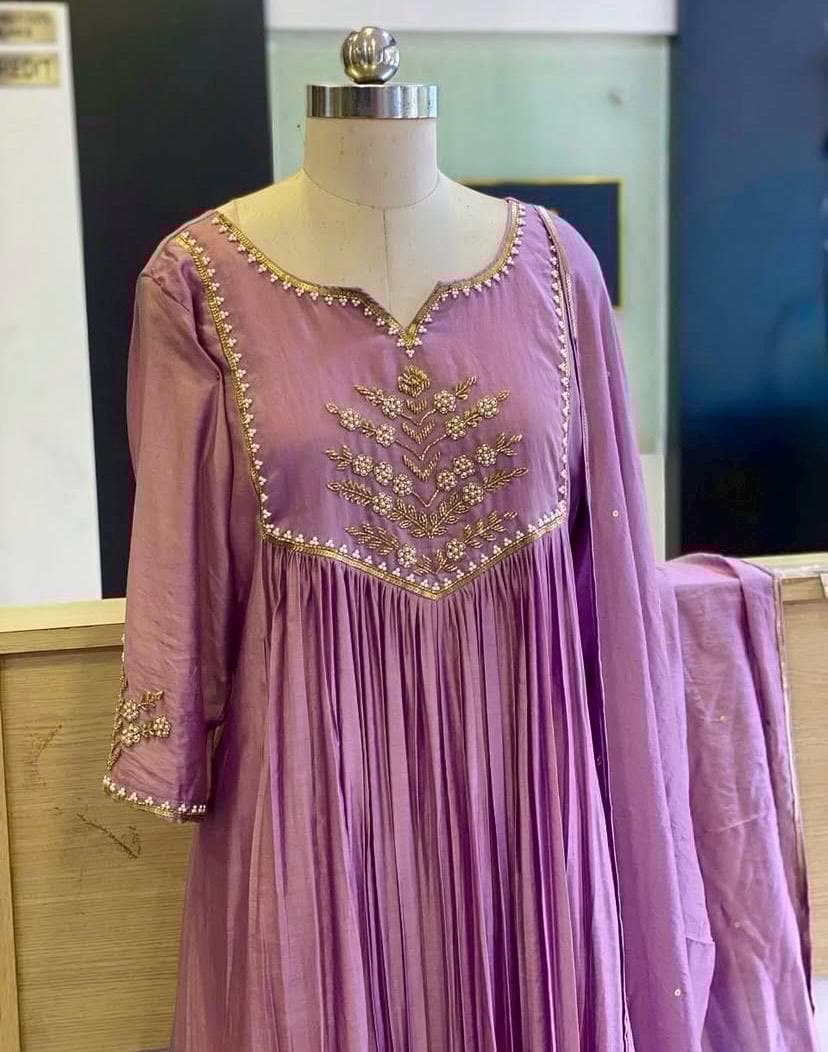 Hand Embroidered Anarkali Dress: Lavender Indian Suit with Dupatta, lavender anarkali dress,indian kurta with dupatta,handwork kurta set usa