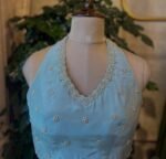 Ice Blue Crepe Silk Saree: Hand-Embroidered Blouse, Sleeveless Design,handwork saree with blouse,pearl work saree,blue saree,organza saree