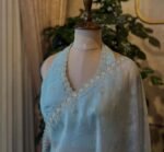 Ice Blue Crepe Silk Saree: Hand-Embroidered Blouse, Sleeveless Design,handwork saree with blouse,pearl work saree,blue saree,organza saree