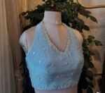 Ice Blue Crepe Silk Saree: Hand-Embroidered Blouse, Sleeveless Design,handwork saree with blouse,pearl work saree,blue saree,organza saree