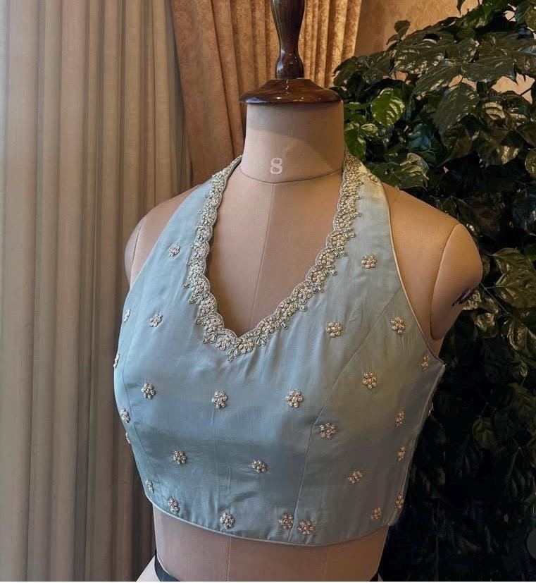 Ice Blue Crepe Silk Saree: Hand-Embroidered Blouse, Sleeveless Design,handwork saree with blouse,pearl work saree,blue saree,organza saree