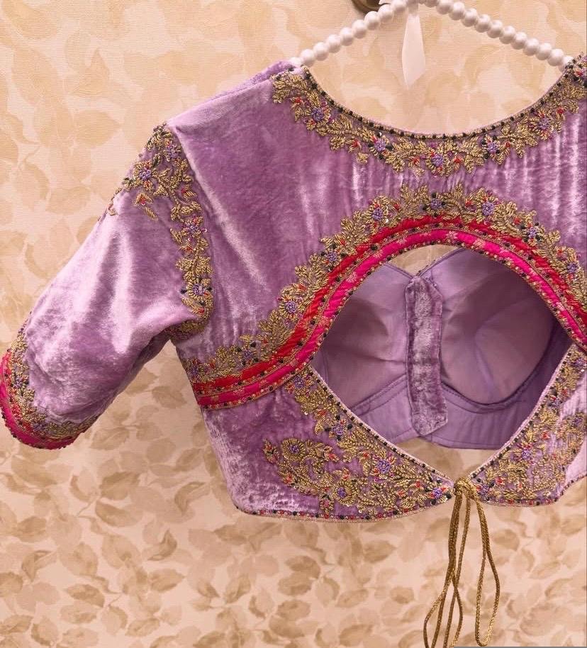 Lavender Velvet Saree Blouse: Hand Embroidered Zardosi Crop Top,mix and match saree blouse,pink saree blouse,plus size blouse,velvet blouse