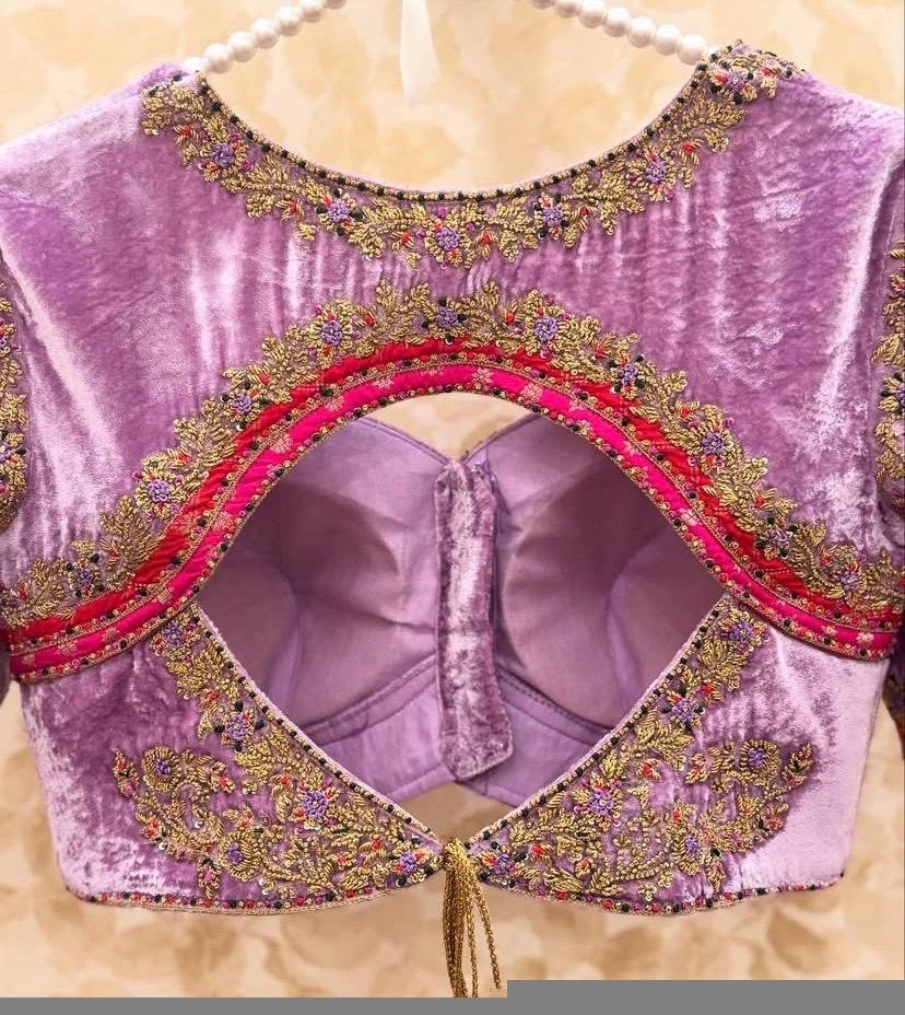 Lavender Velvet Saree Blouse: Hand Embroidered Zardosi Crop Top,mix and match saree blouse,pink saree blouse,plus size blouse,velvet blouse