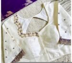 Cream Silk Saree Blouse: Hand Embroidered Zardosi Maggam, Elbow Sleeve,mix and match blouses, plus size blouse,white hand work blouse usa