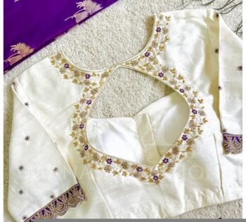 Cream Silk Saree Blouse: Hand Embroidered Zardosi Maggam, Elbow Sleeve,mix and match blouses, plus size blouse,white hand work blouse usa