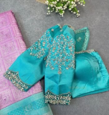 Hand Embroidered sea Blue Silk Blouse:Zardosi Maggam Work,sea green blouse,mix and match blouse,plus size blouses,sea blue hand work blouse
