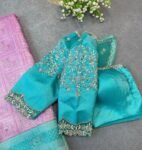 Hand Embroidered sea Blue Silk Blouse:Zardosi Maggam Work,sea green blouse,mix and match blouse,plus size blouses,sea blue hand work blouse