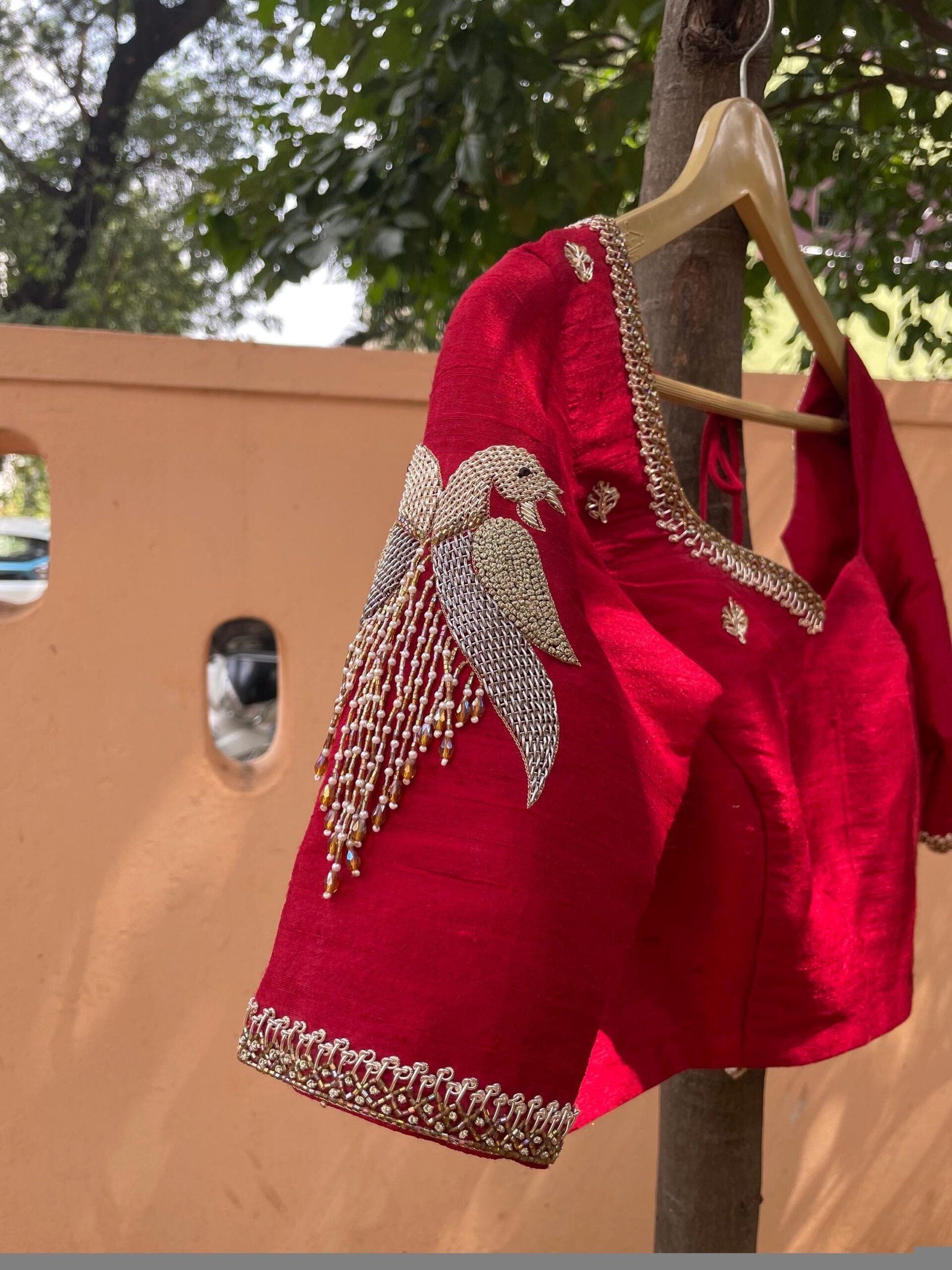 Red Silk Saree Blouse: Hand Embroidered Zardosi Maggam Work, red mix and match blouse,handwork blouses,bird work blouse,plus size blouses us