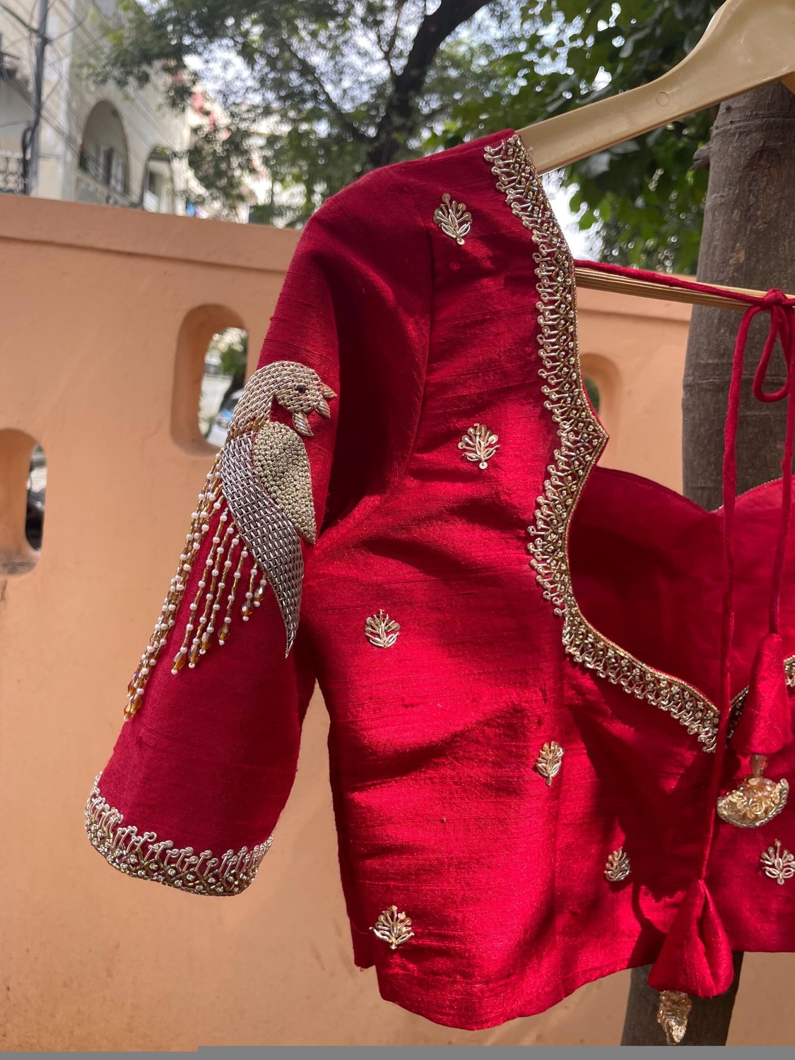 Red Silk Saree Blouse: Hand Embroidered Zardosi Maggam Work, red mix and match blouse,handwork blouses,bird work blouse,plus size blouses us