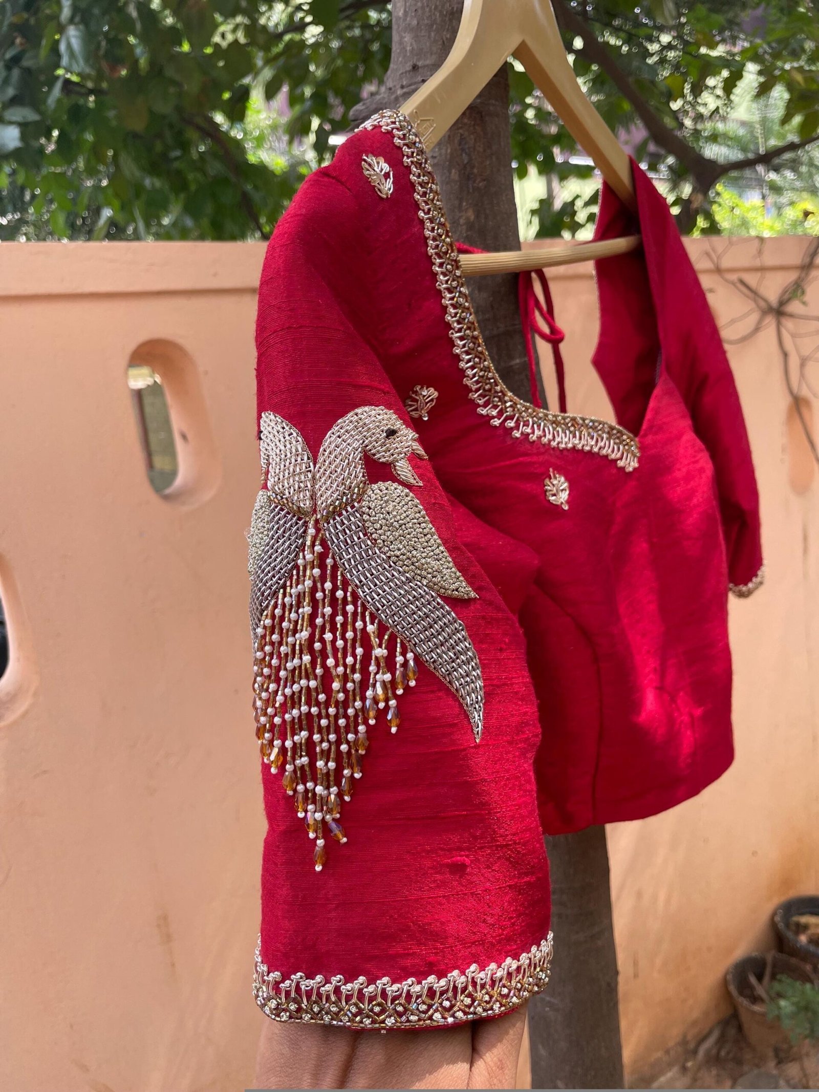Red Silk Saree Blouse: Hand Embroidered Zardosi Maggam Work, red mix and match blouse,handwork blouses,bird work blouse,plus size blouses us