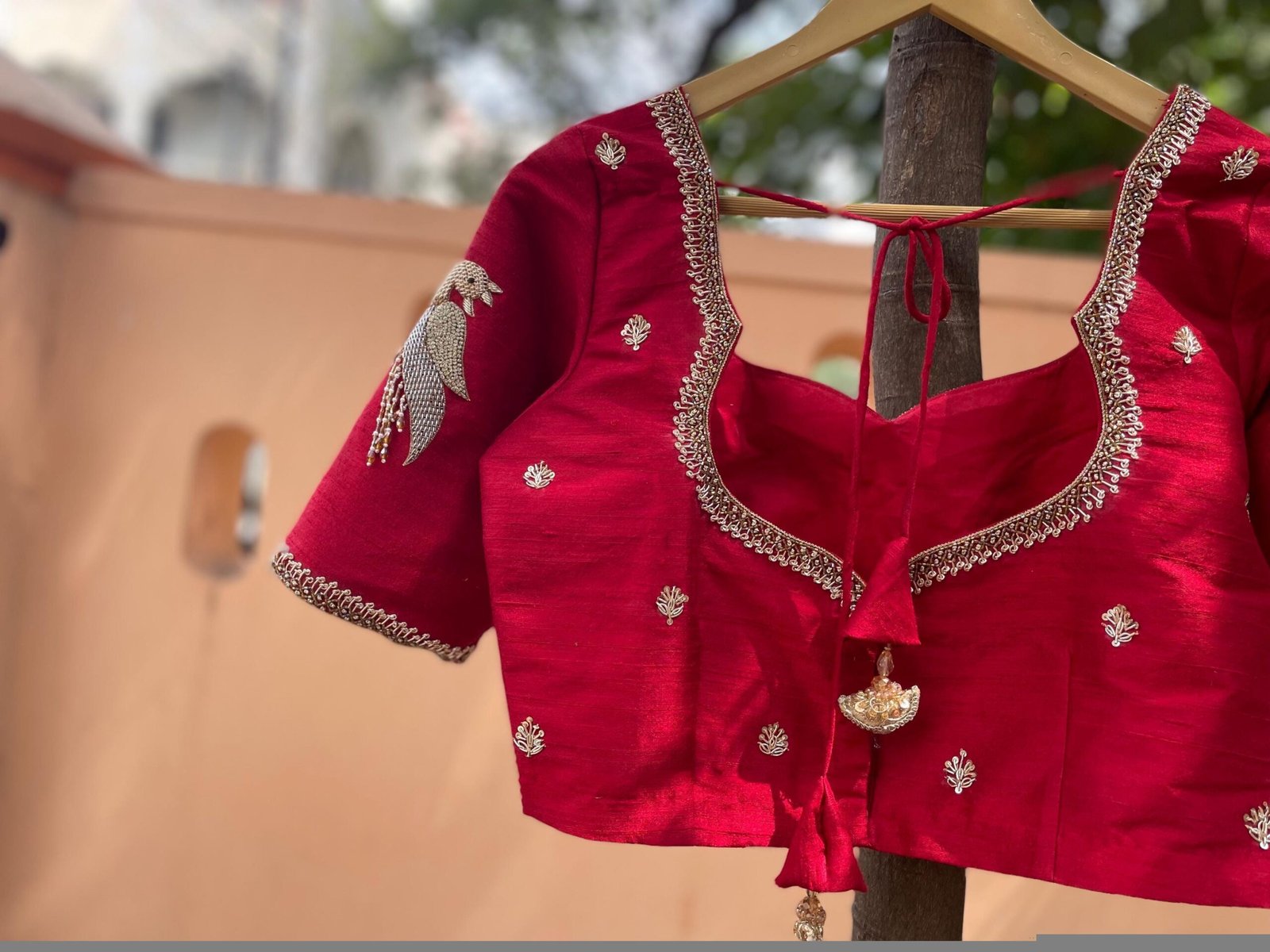 Red Silk Saree Blouse: Hand Embroidered Zardosi Maggam Work, red mix and match blouse,handwork blouses,bird work blouse,plus size blouses us