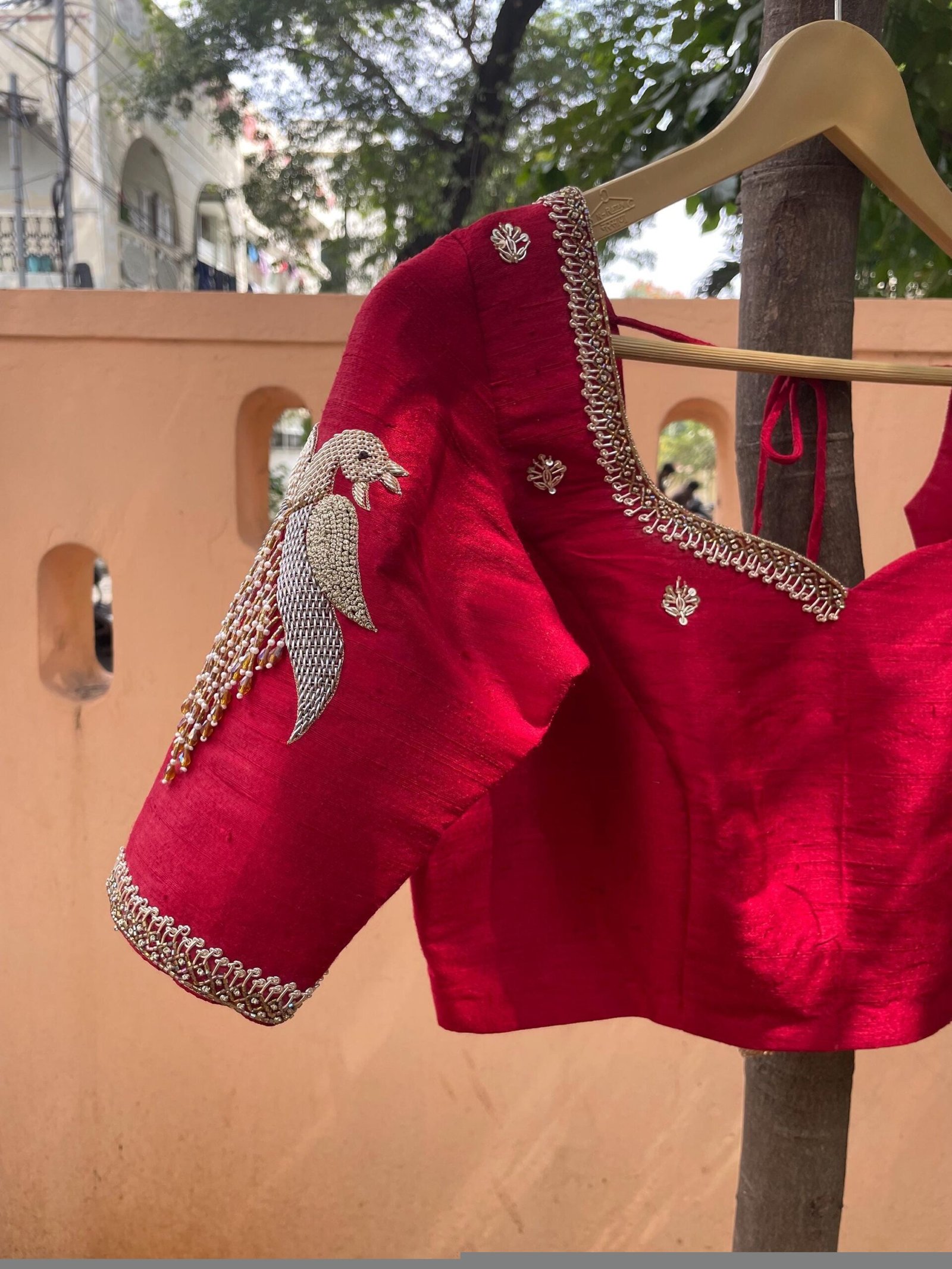 Red Silk Saree Blouse: Hand Embroidered Zardosi Maggam Work, red mix and match blouse,handwork blouses,bird work blouse,plus size blouses us