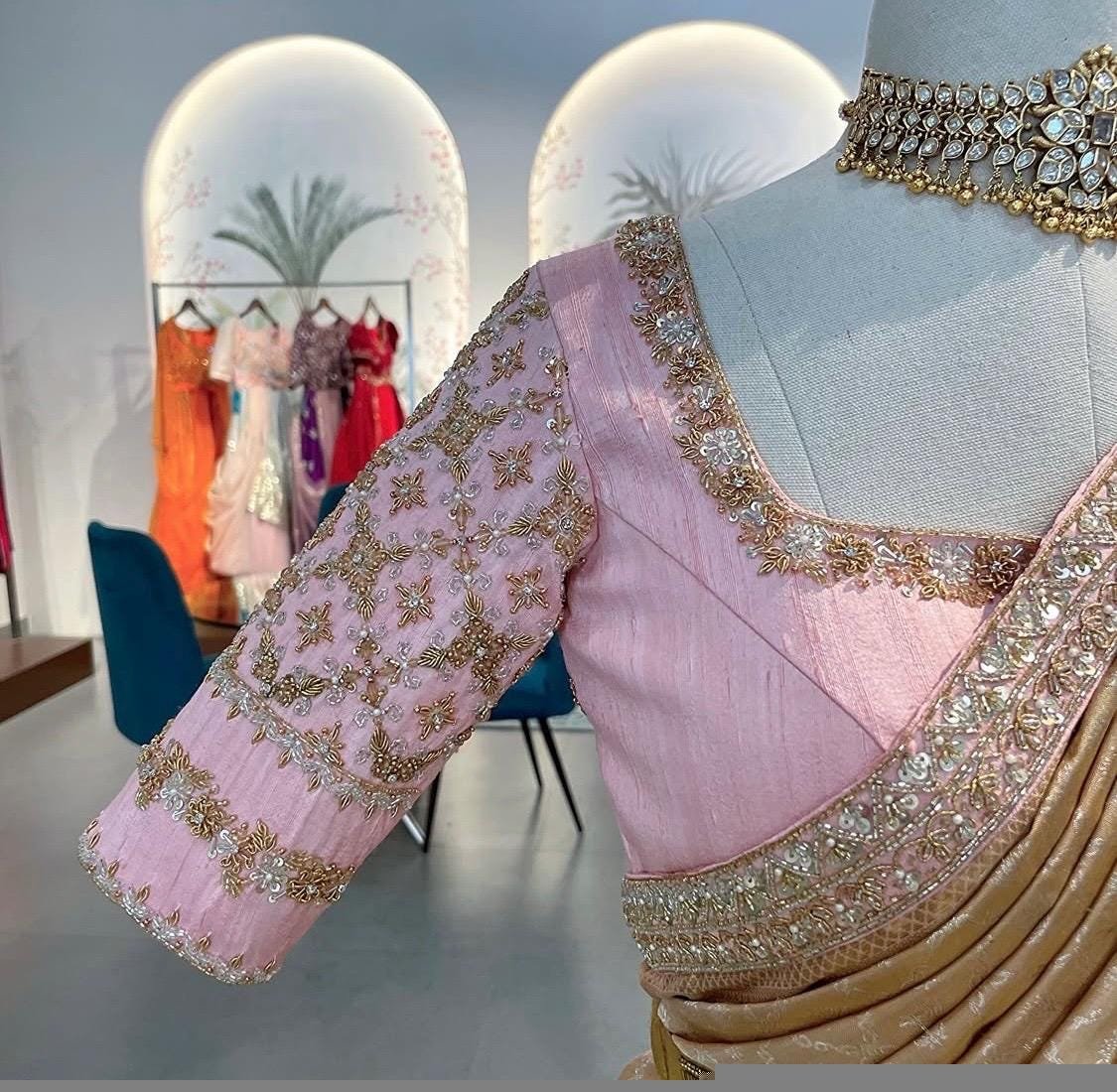 Hand Embroidered Silk Blouse: Light Pink Zardosi Maggam Work,pink Maggam blouse,mix and match blouse,plus size blouses,handwork blouse usa