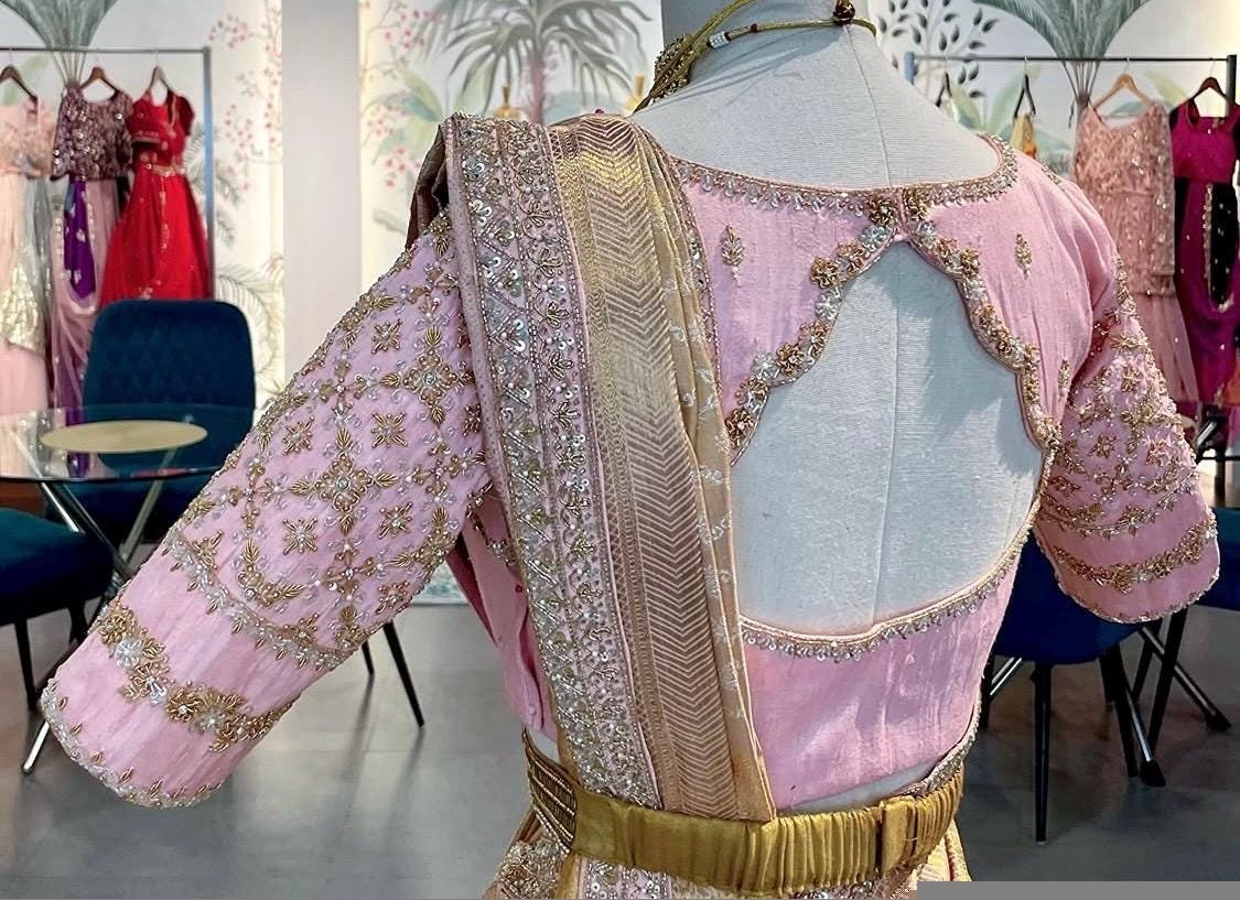 Hand Embroidered Silk Blouse: Light Pink Zardosi Maggam Work,pink Maggam blouse,mix and match blouse,plus size blouses,handwork blouse usa