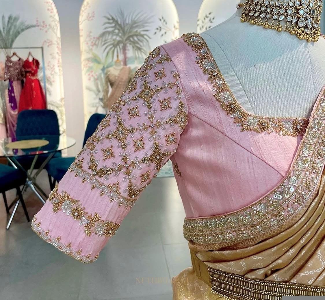 Hand Embroidered Silk Blouse: Light Pink Zardosi Maggam Work,pink Maggam blouse,mix and match blouse,plus size blouses,handwork blouse usa