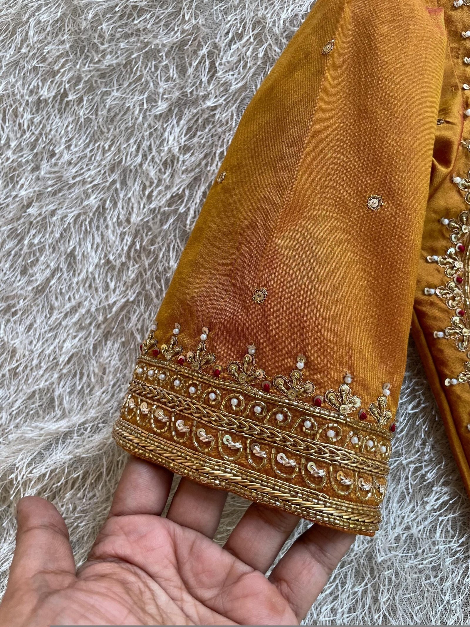 Pure Silk Saree Blouse: Golden Zardosi Hand Embroidery, Elbow Sleeve blouse,mix and match blouse,plus size blouses,mustard yellow blouse usa